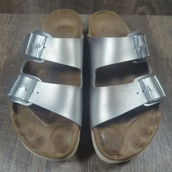 Papillio Birkenstock Silver Metallic Arizona Platform Sandals Womens Sz 8 EU 39 - Picture 4 of 13
